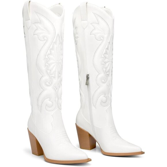 Shoes - Women's White Pointed Toe Knee High Chunky Heels Embroidered Cowgirl Boot